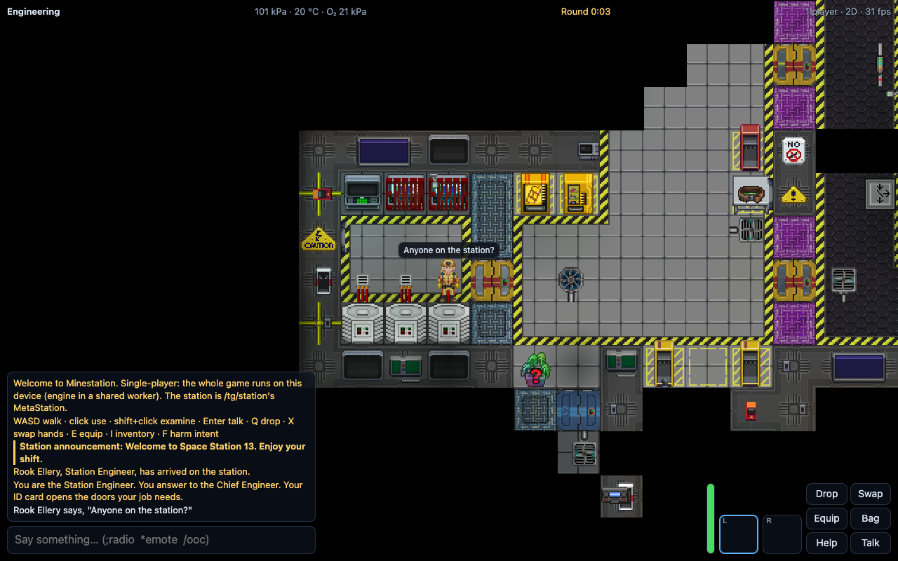 The 2D view: an arrivals corridor seen from above, with a crew member, chairs and airlocks